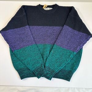 NWT‎ Vintage Sears Mens Store Colorblock Sweater XL Black Purple Teal Stripe NEW